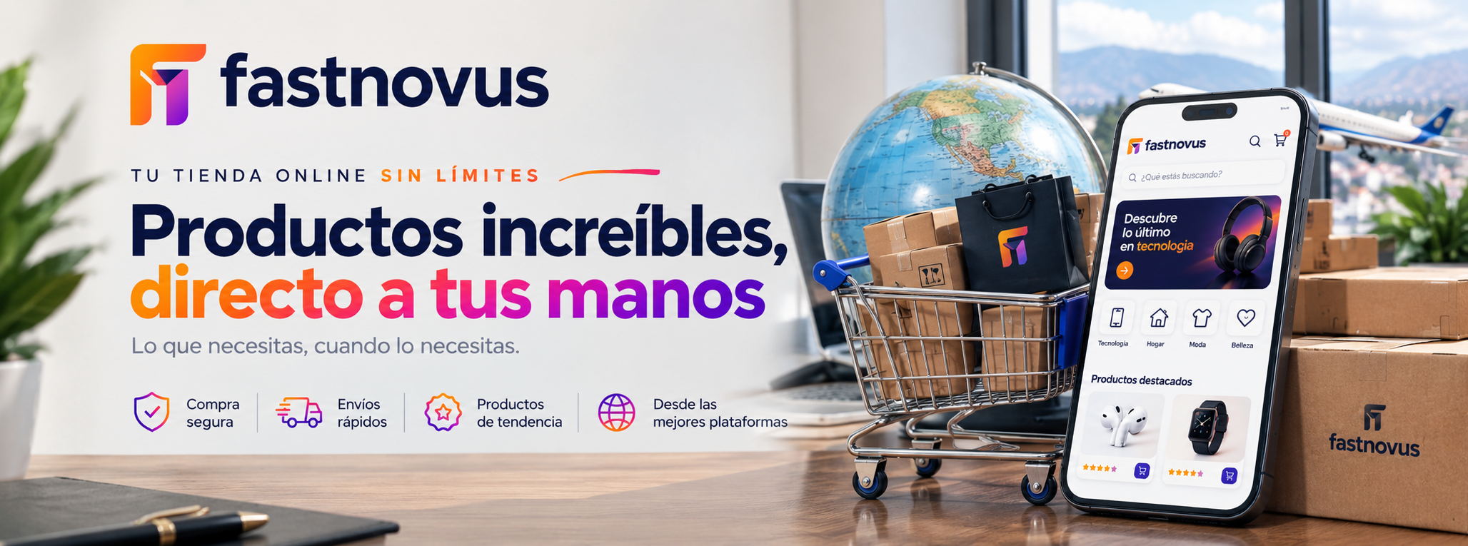 Carrito de compras con cajas y bolsa Fastnovus junto a un globo terráqueo y un celular con la tienda abierta